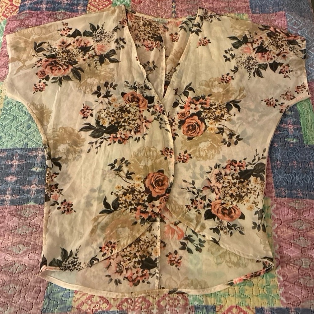 Floral Short-Sleeve Surplice Blouse in Cream and Pink